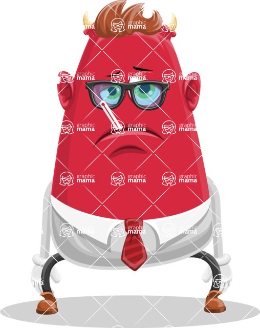 Business Monster Cartoon Character - Sick Business Monster Cartoon with a Thermometer